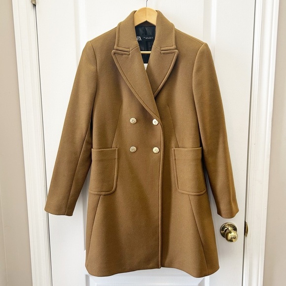Zara Women's Coat Wool Blend Double-Breasted Tailored Toffee Brown Small NWT - Picture 6 of 14